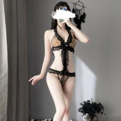 Sexy Anime Christmas Sensual Bodysuit - Leopard(Sofyee Sexy Leopard Print Lace Halterneck Three Point Jumpsuit)