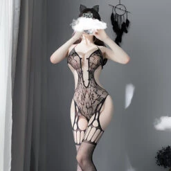 SofyeeSexy Halter Neck Lace V-Neck Metal Buckle Hollow Mesh Body Socks(Sofyee Sexy Halter Neck Lace V Neck Metal Buckle Hollow Mesh Body Socks)