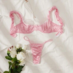 Pink Ruffle Girl Sexy Flower Bra Set -V String Set(Pink Ruffle Girl Sexy Flower Bra Set V String Set)
