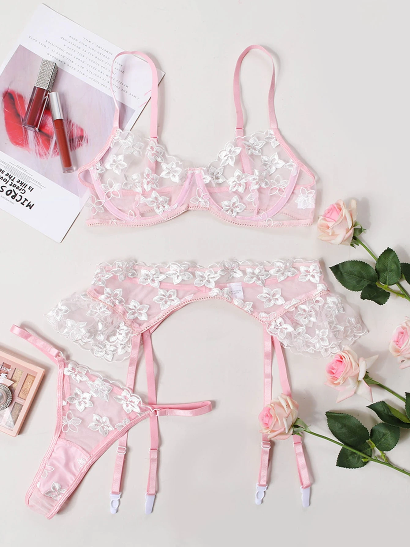 Pink Sheer Mesh Flower Bra Set(Pink Sheer Mesh Flower Bra Set 1) 4 Pink Sheer Mesh Flower Bra Set(Pink Sheer Mesh Flower Bra Set 1) - Image 2