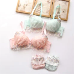 Green & Pink Candy Color Floral Japanese Cute Sweet Bras And Panty Set(Green Pink Candy Color Floral Japanese Cute Sweet Bras And Panty Set)