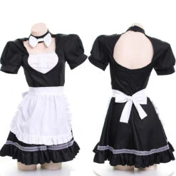 Sexy Kawaii Anime Cute Bow Neck Backless Maid Dress Cosplay Set Headband & Dress & Apron & Cuff 4PCS Set(Sexy Kawaii Anime Cute Bow Neck Backless Maid Dress Cosplay Set Headband Dress Apron Cuff 4pcs Set)